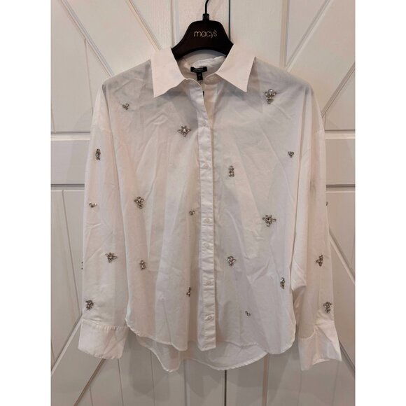 NWT Express Poplin Embellished Striped Boyfriend Portofino Shirt Womens Size M - Picture 2 of 11
